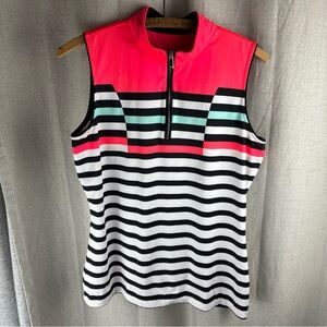 TAIL Womens Performance Golf Polo M Shirt Stripes Coral Mint Black White 1/4 Zip